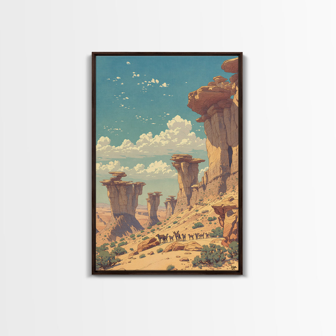 Desert Caravan Rock Pillars Wall Art, African Landscape Travel Poster, Sahara Nature Scene, Warm Boho Home Decor Gift Print