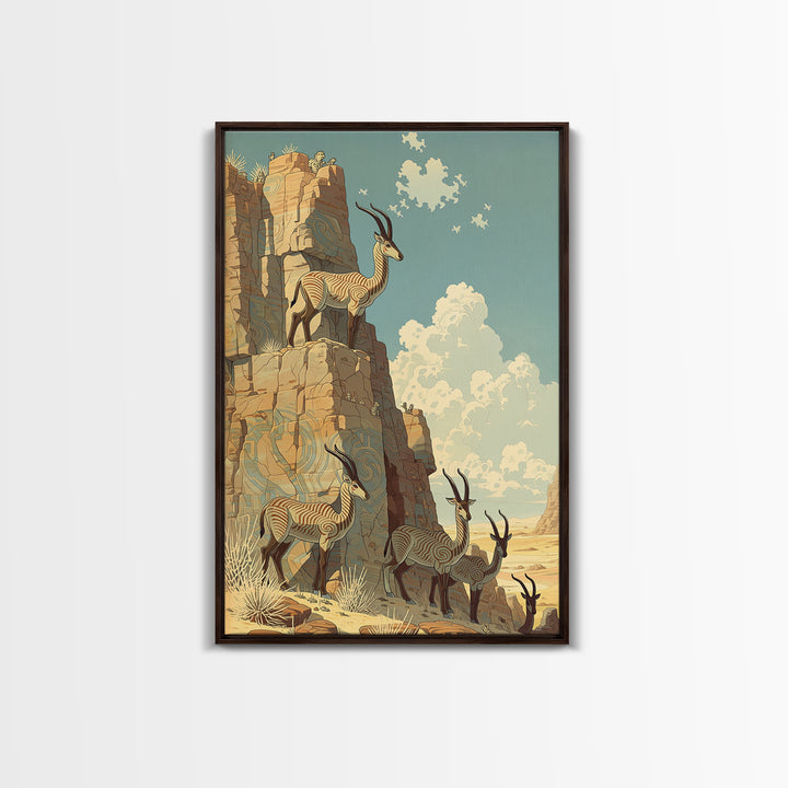 Desert Oryx On Sunlit Canyon Cliffs Canvas Print, African Safari Art, African Animal Art, Boho Wall Decor, Living Room Decor