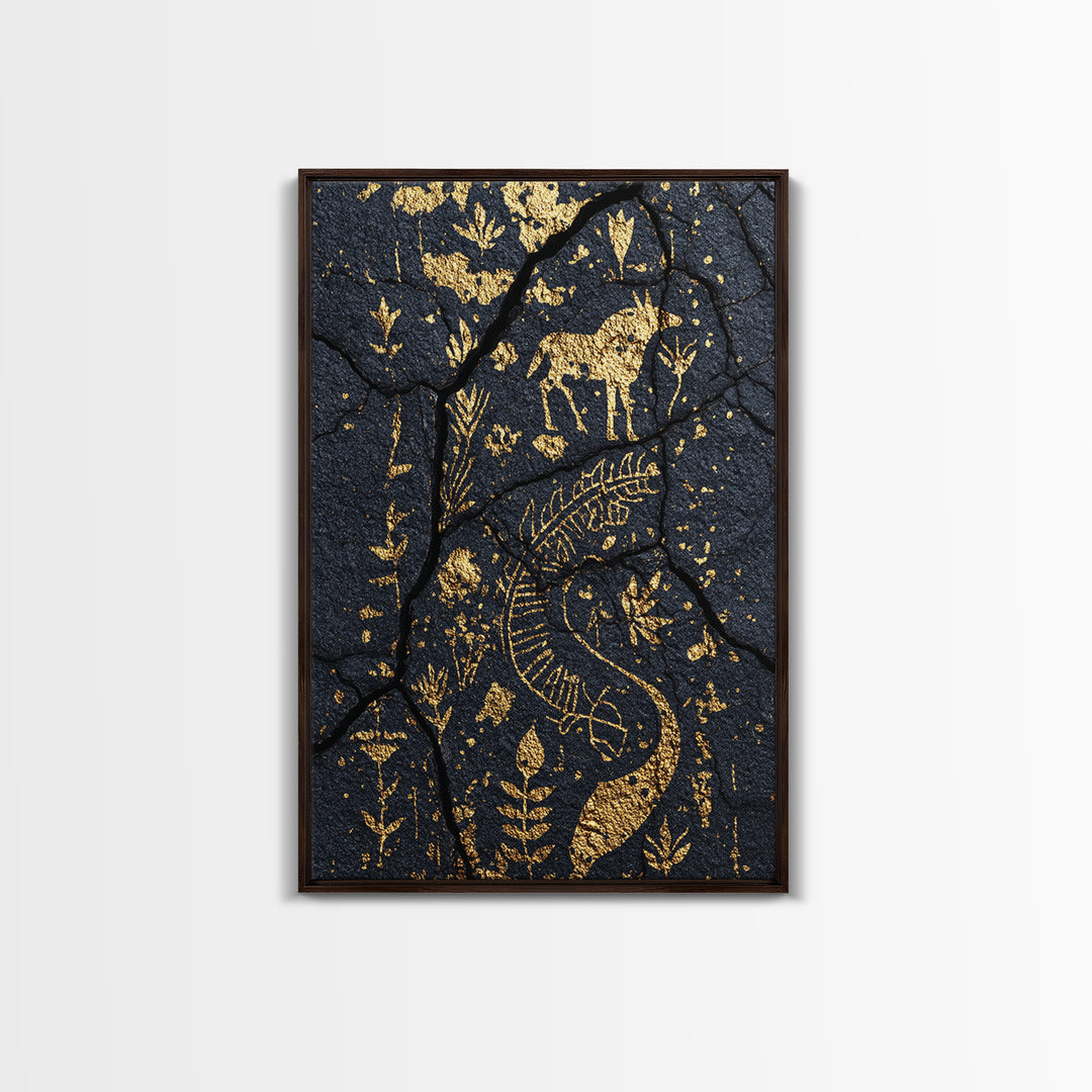 Gold Petroglyph Animals On Cracked Stone Framed Canvas Print, African Tribal Art, African Wall Art, Ethnic Wall Decor, Home Decor