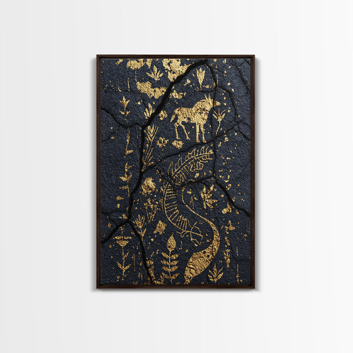 Gold Petroglyph Animals On Cracked Stone Framed Canvas Print, African Tribal Art, African Wall Art, Ethnic Wall Decor, Home Decor
