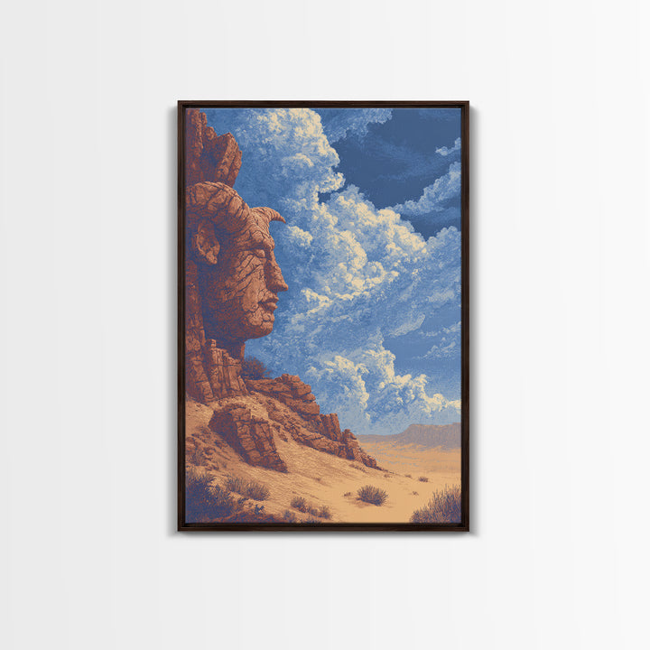 Colossal Ancestral Face In Desert Cliffs Canvas Print, African Culture Art, Tribal Art Decor, Statement Wall Art, Earth Tone Wall Art