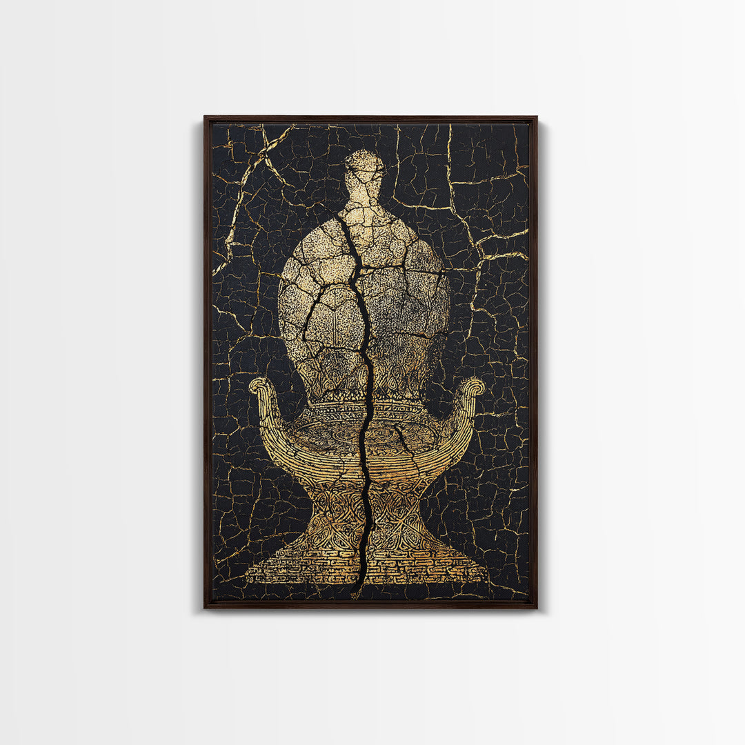Gold Ancient Figure On Black Cracked Stone Framed Canvas Print, African Sculpture, African Art Decor, Tribal Art Print, Black Art