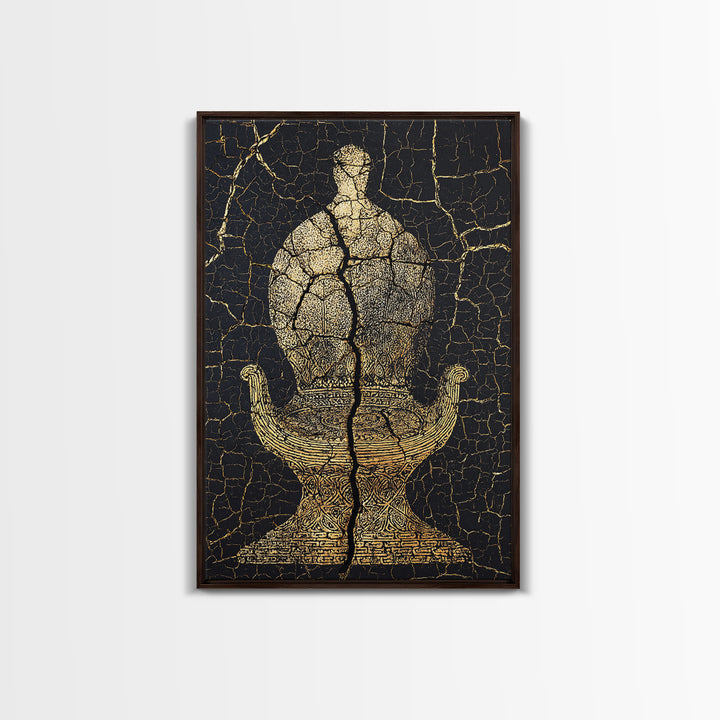 Gold Ancient Figure On Black Cracked Stone Framed Canvas Print, African Sculpture, African Art Decor, Tribal Art Print, Black Art