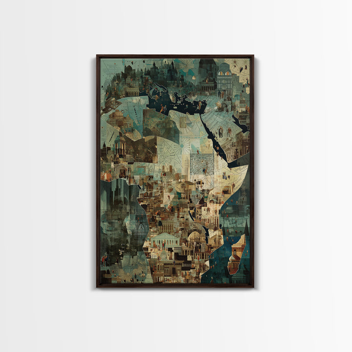 Africa City Collage Wall Art, Teal Architectural Canvas Print, African Travel Poster, Modern Cultural Home Decor Artwork