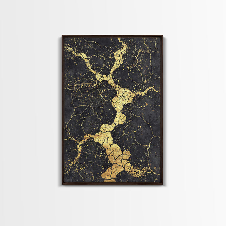 Black Gold Cracked Abstract Wall Art, Marble Texture Canvas Print, Luxury Modern Art, Earth Tone Home Decor Artwork Gift