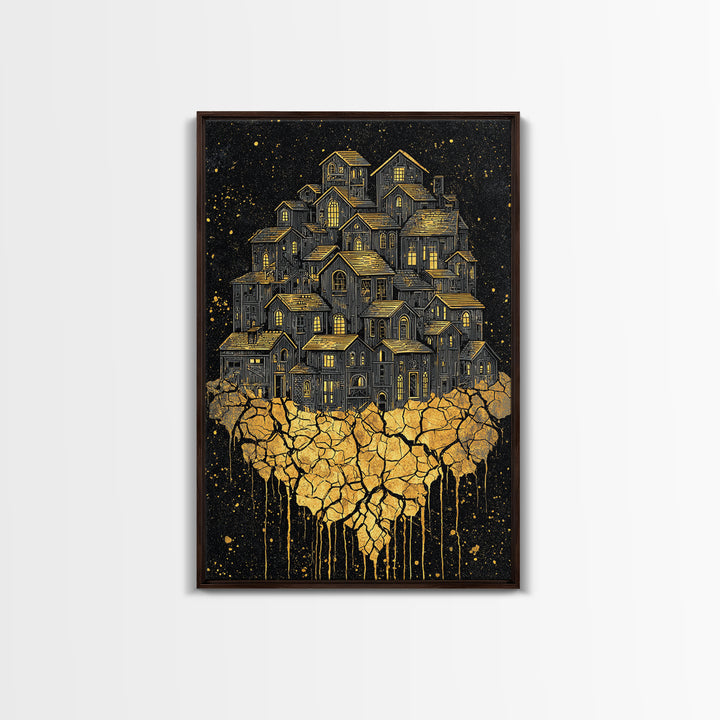 Golden Village On Africa Wall Art, Black Night Houses Canvas Print, Afrocentric Landscape Decor, Unique Motherland Artwork