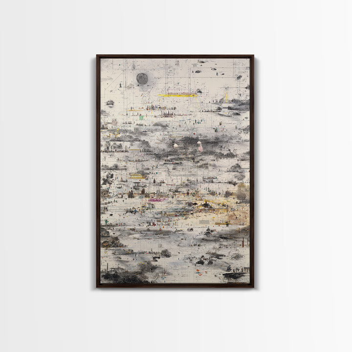 Abstract Monochrome City Grid With Tiny Figures Wall Art, Modern African Inspired Urban Map, Neutral Gallery Home Decor Print