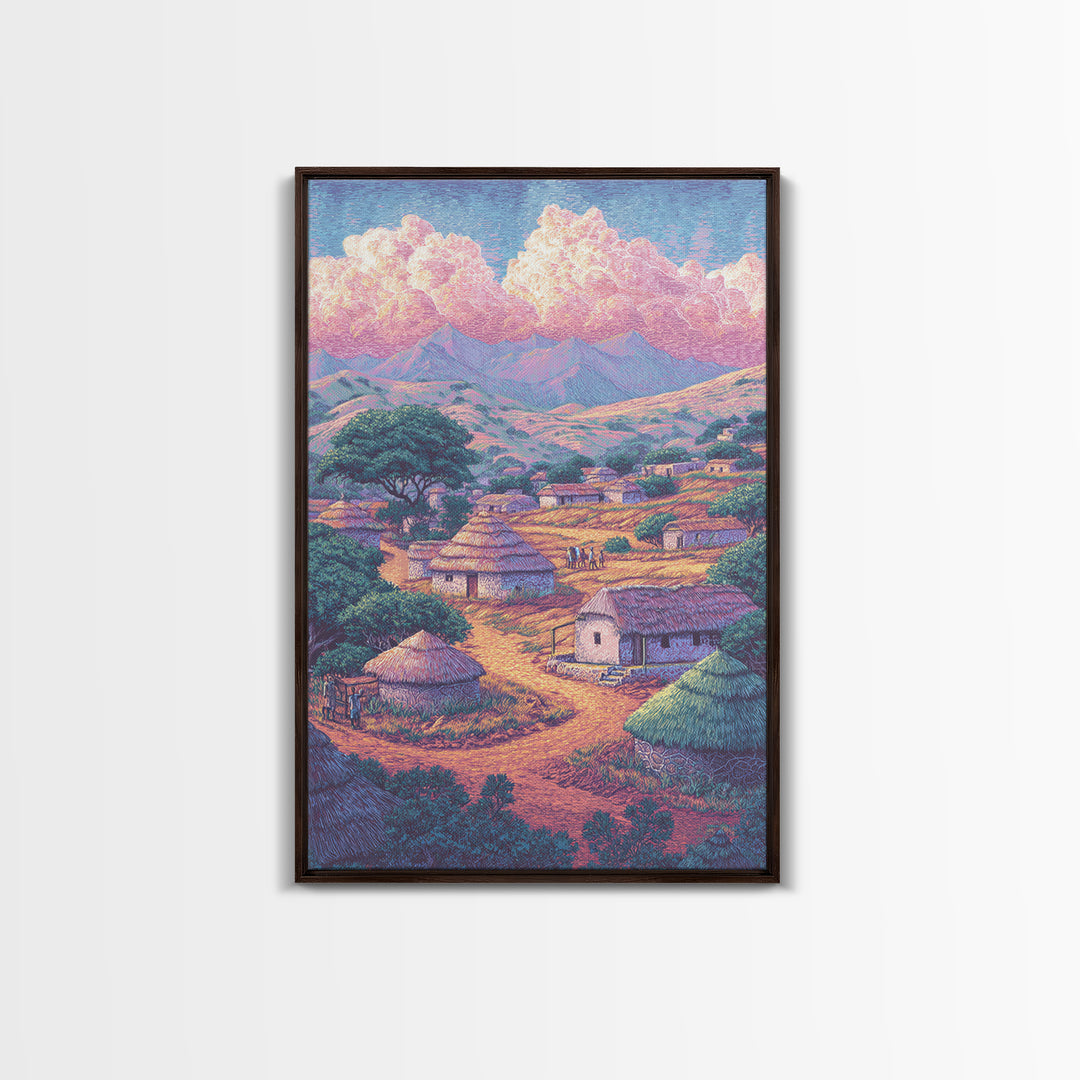 Colorful African Village Huts Beneath Pink Clouds Canvas Print, Mountain Landscape, Cultural Home Decor, Motherland Wall Art