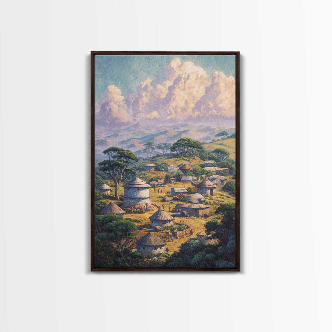 Serene African Village With Huts And Acacia Trees Wall Art, Safari Landscape Canvas Print, Cultural Home Decor Gift For Living Room