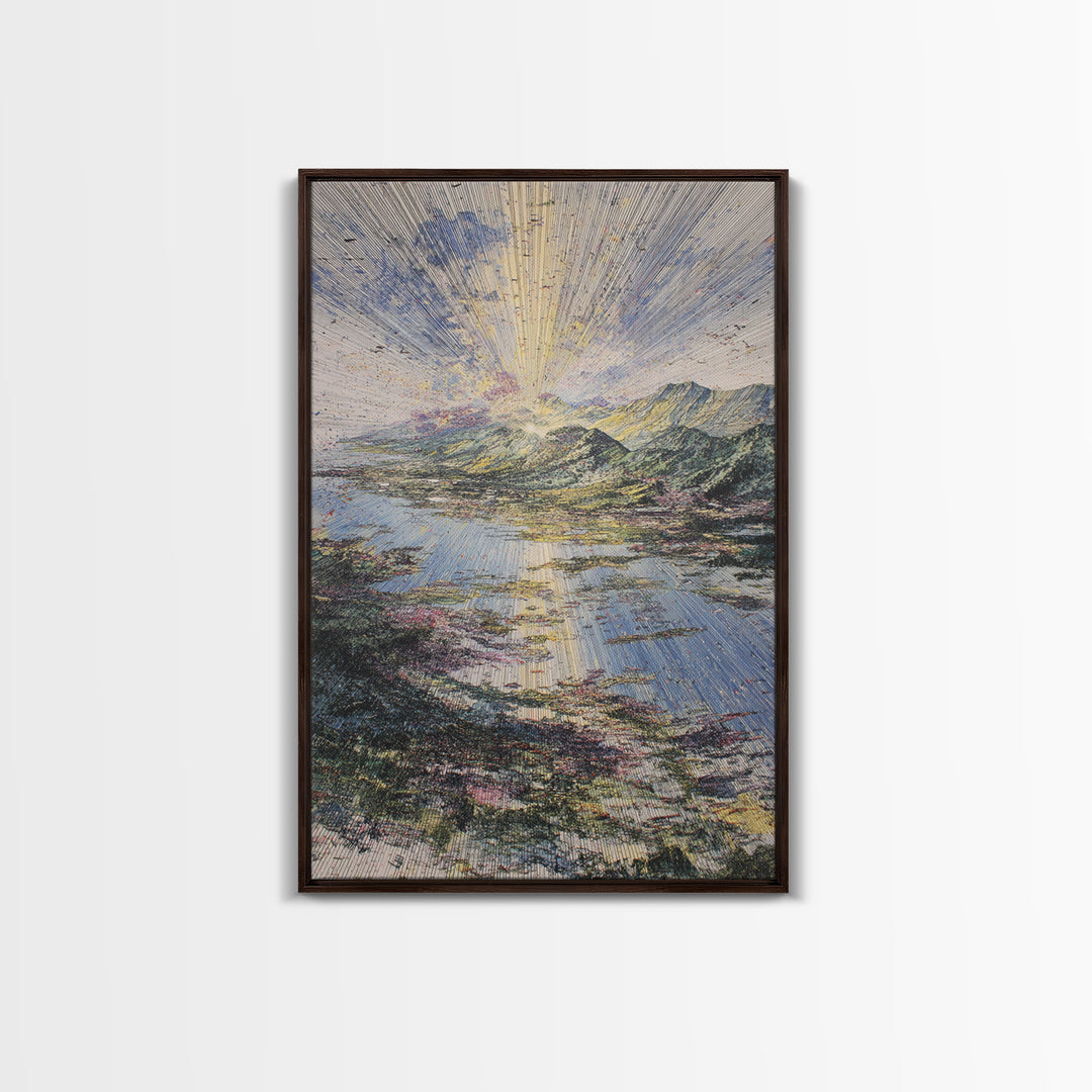 Radiant Sunrise Over African Lake And Mountains Framed Canvas Print, Abstract Landscape Wall Art, Dreamy Nature Home Decor