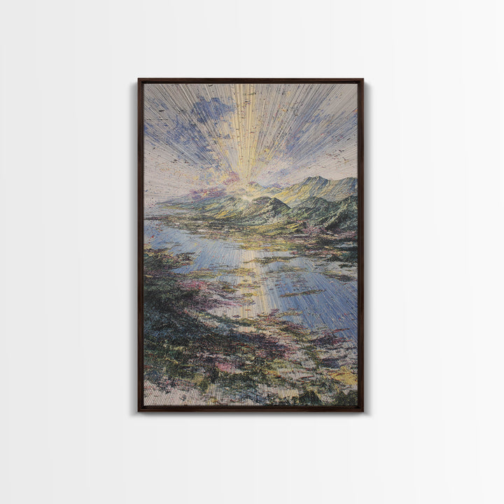 Radiant Sunrise Over African Lake And Mountains Framed Canvas Print, Abstract Landscape Wall Art, Dreamy Nature Home Decor