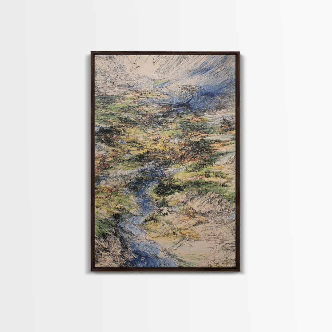 Sweeping River Valley And Mountain Village Wall Art, African Landscape Canvas Print, Textured Nature Scene For Living Room