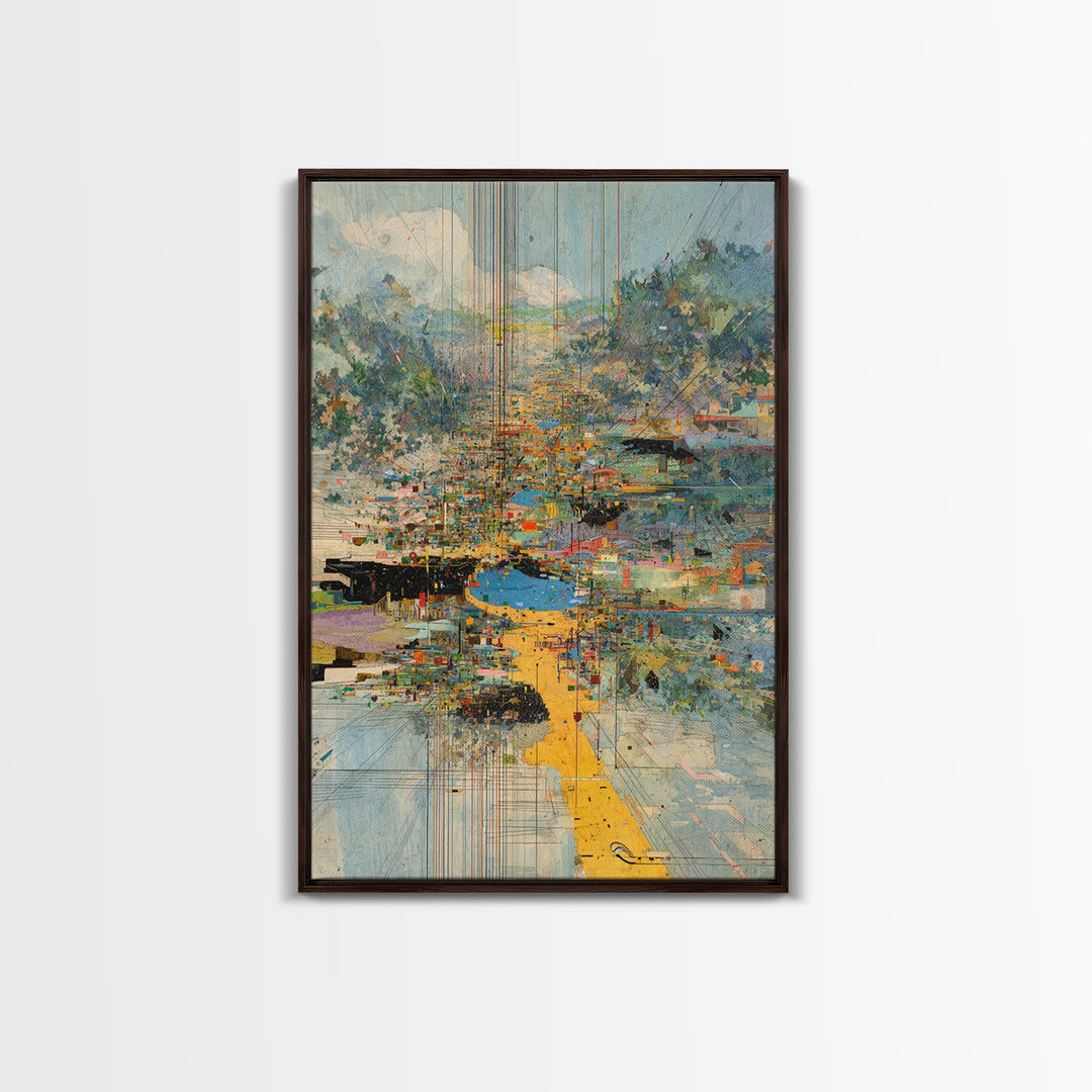 Abstract Riverside City With Golden Path Wall Art, Modern African Inspired Landscape Canvas Print, Colorful Home Decor Gift