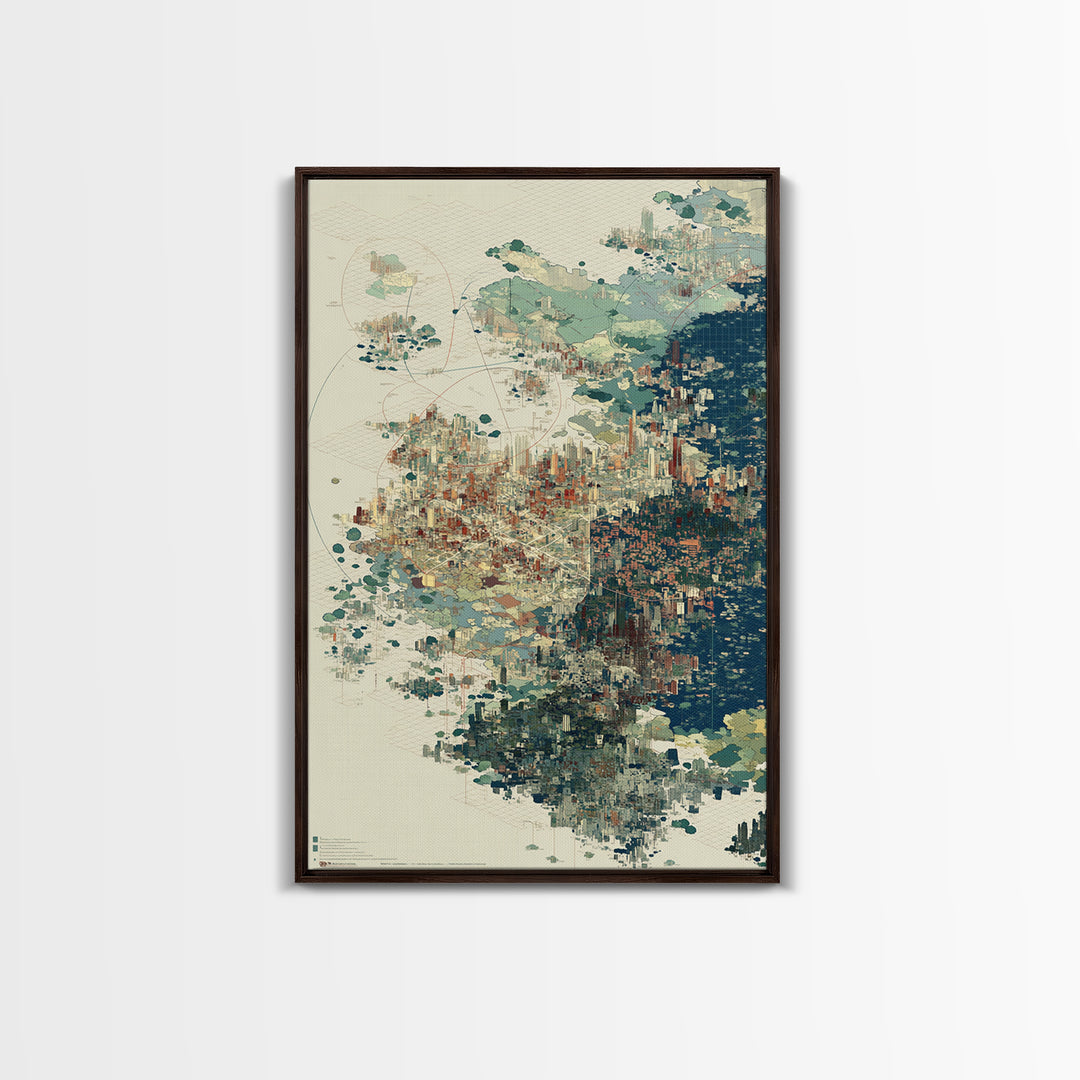 Abstract Coastal City Map In Teal And Indigo Canvas Print, Modern African Inspired Wall Art, Geometric Urban Home Decor Gift