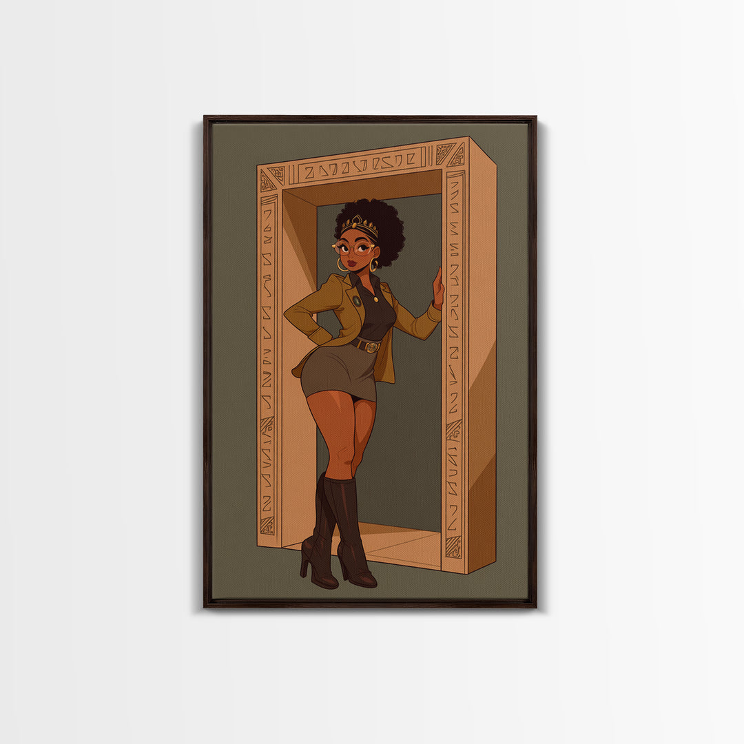 Stylish Black Queen In Carved Doorway Canvas Print, African American Comic Wall Art, Empowered Woman Fashion Home Decor Gift
