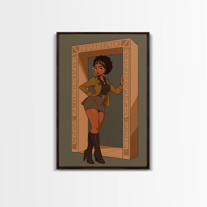 Stylish Black Queen In Carved Doorway Canvas Print, African American Comic Wall Art, Empowered Woman Fashion Home Decor Gift