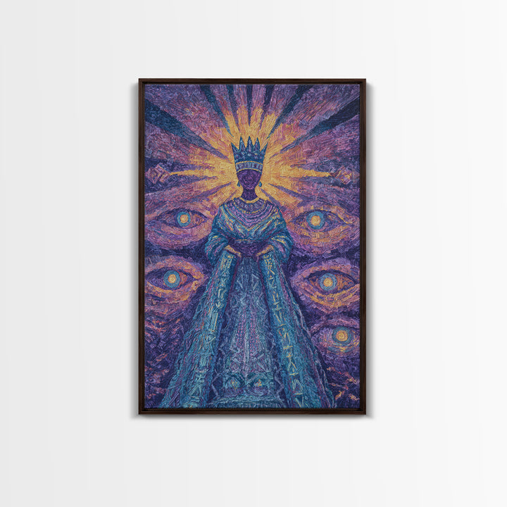 Mystical African Queen With Radiant Eyes Framed Canvas Print, Afrocentric Wall Art, Black Goddess Portrait, Spiritual Decor
