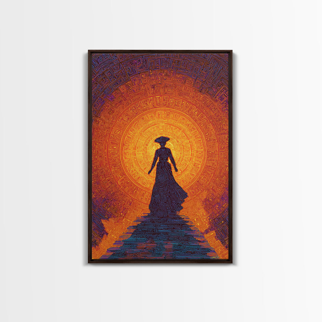 Silhouette Woman Before Sun Mandala Canvas Print, African Inspired Wall Decor, Burnt Orange Art, Feminine Spiritual Gift