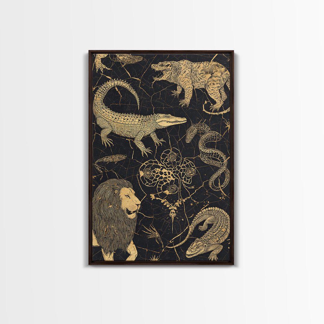 Gold Engraved Safari Animals Wall Art, African Animal Art, Tribal Wildlife Decor, Lion Crocodile Snake Canvas Print Style