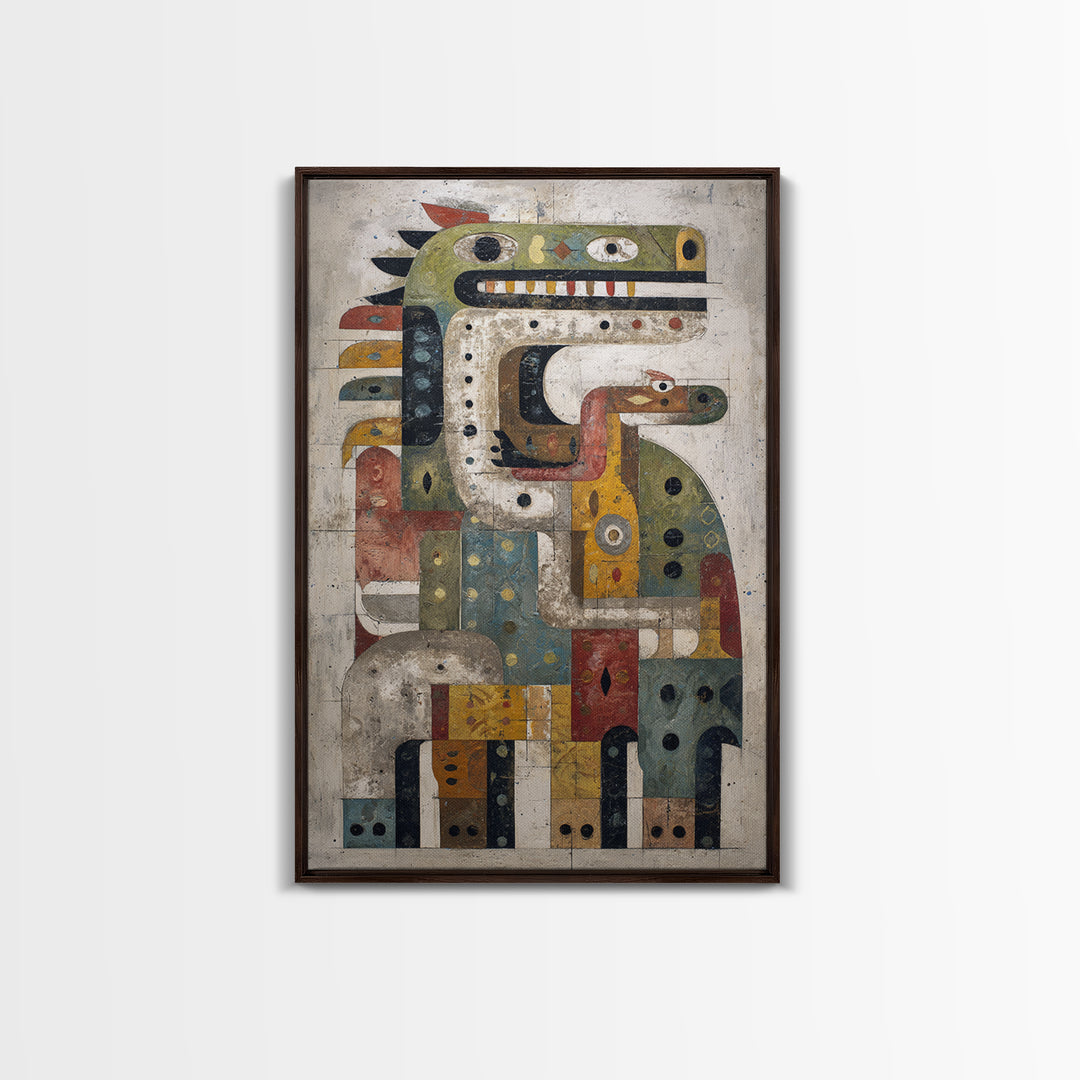 Geometric Tribal Bird Creature Canvas Print, Abstract African Art, Ethnic Wall Decor, Modern Cubism For Boho Home Decor Gift
