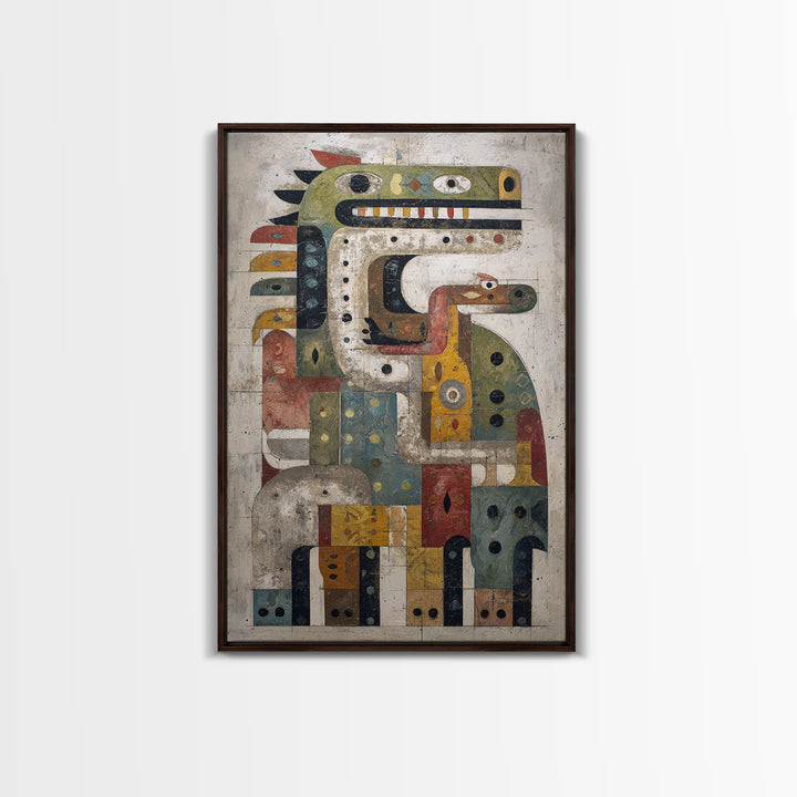 Geometric Tribal Bird Creature Canvas Print, Abstract African Art, Ethnic Wall Decor, Modern Cubism For Boho Home Decor Gift