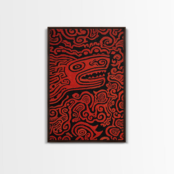 Red Tribal Lizard Pattern Wall Art, African Abstract Textile Art, Bold Ethnic Decor, Modern Black And Red Canvas Design Gift