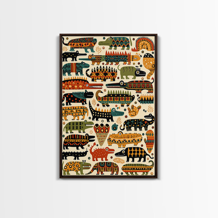Whimsical Crocodile Pattern Canvas Print, Colorful African Animal Art, Kids Room Wall Decor, Tribal Safari Nursery Art Gift