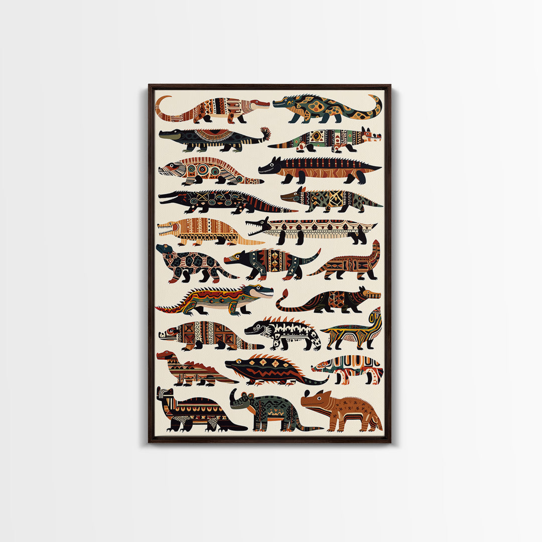 Tribal Crocodile Collection Canvas Print, African Animal Art, Patterned Safari Wall Decor, Boho Kids Room Decor Gift For Him
