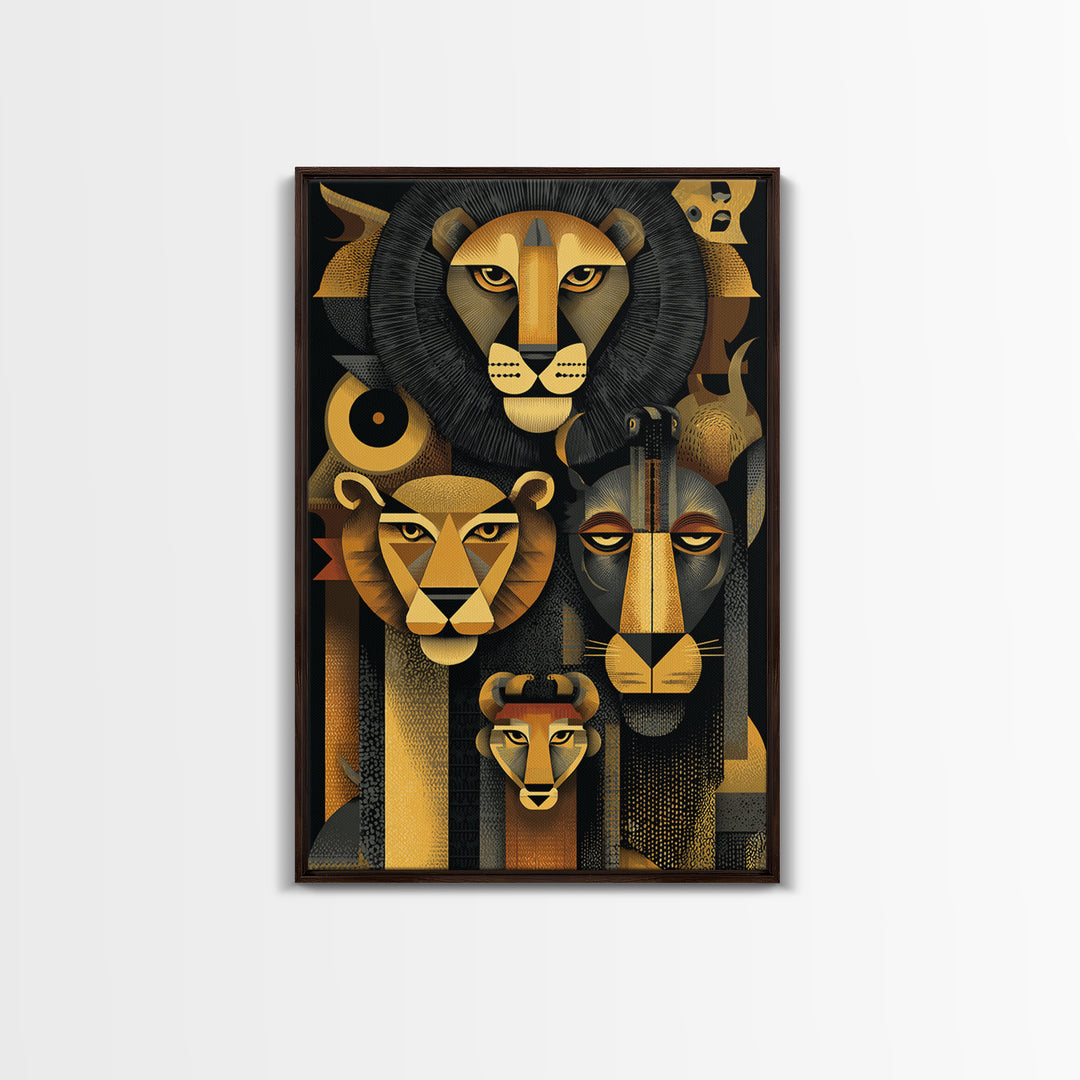 Black And Gold Lion Family Wall Art, Modern African Safari Art, Geometric Animal Portrait, Luxury Canvas Living Room Decor
