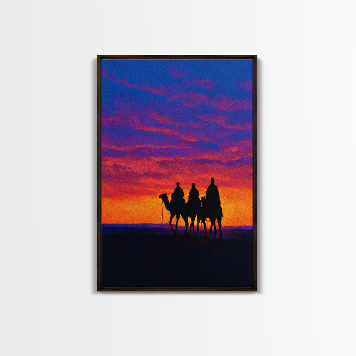 Camel Caravan At Sunset Wall Art, African Landscape Print, Desert Travel Decor, Boho Safari Canvas For Living Room Art Gift