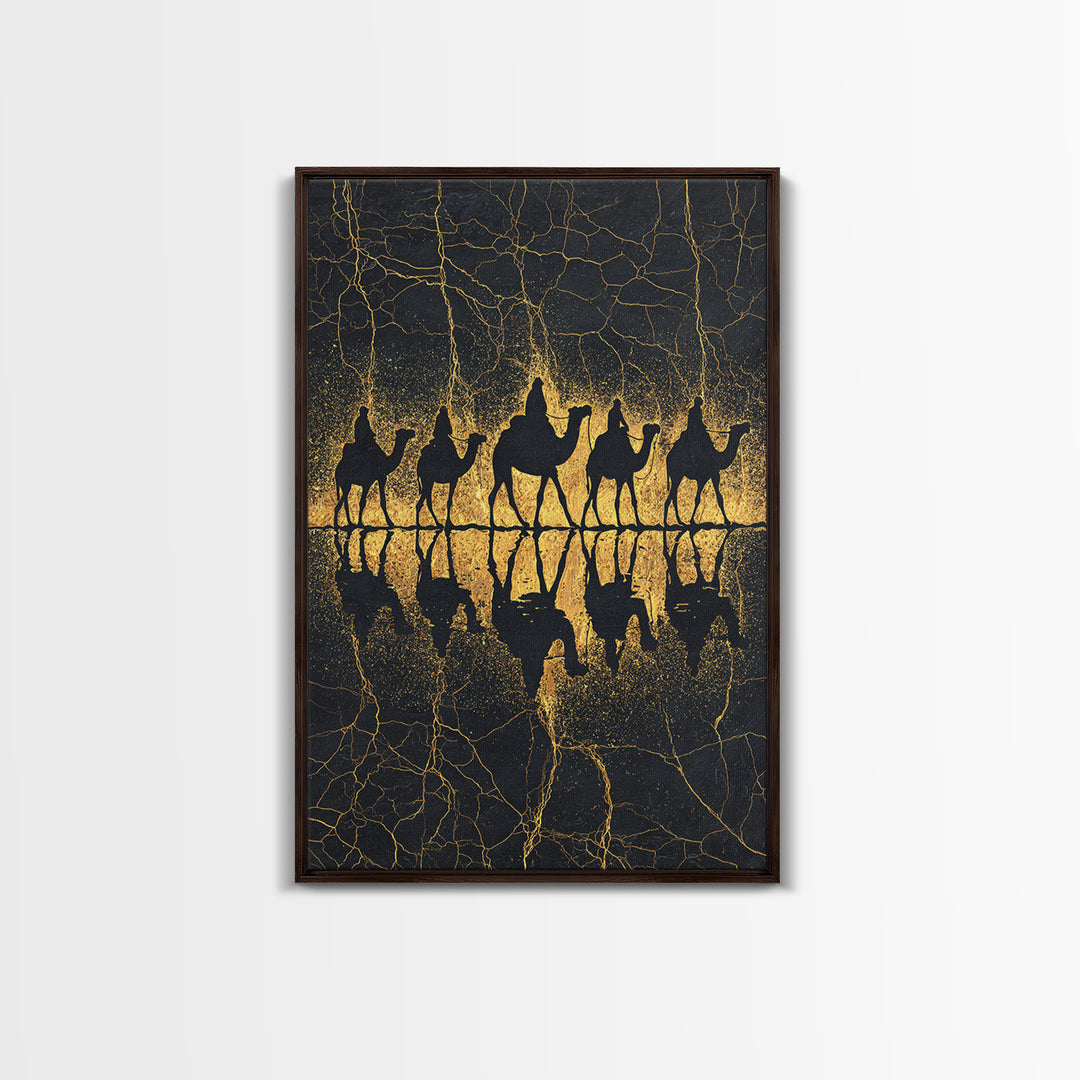 Gold Camel Caravan Reflection Wall Art, African Safari Art Print, Black Gold Desert Decor, Luxury Canvas For Living Room