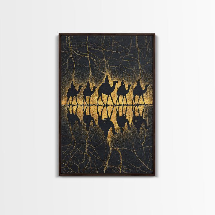 Gold Camel Caravan Reflection Wall Art, African Safari Art Print, Black Gold Desert Decor, Luxury Canvas For Living Room