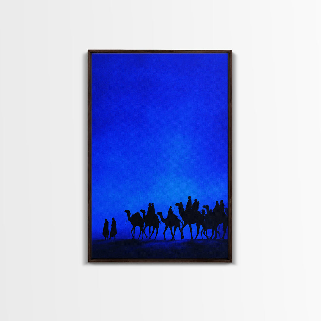 Blue Desert Camel Caravan Canvas Print, African Travel Poster, Modern Safari Wall Decor, Minimalist Blue Bedroom Art Gift