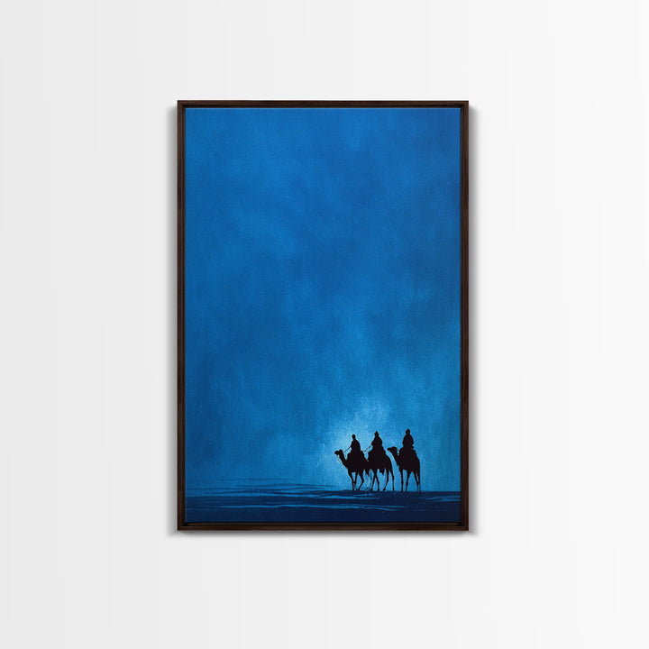 Three Blue Camel Riders Wall Art, African Safari Art Print, Serene Desert Landscape, Modern Canvas Decor For Living Room
