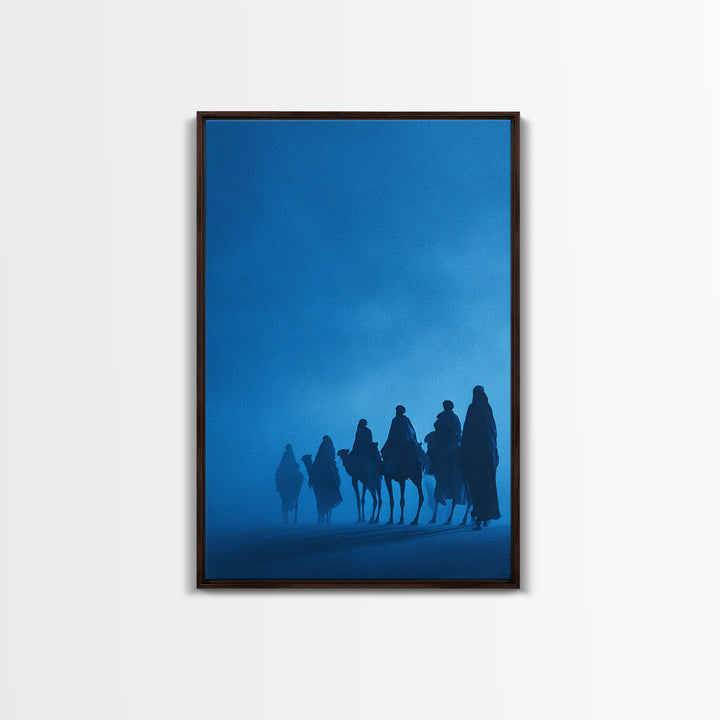 Misty Blue Tuareg Caravan Framed Canvas Print, African Travel Wall Art, Sahara Desert Decor, Boho Bedroom Artwork Gift For Home