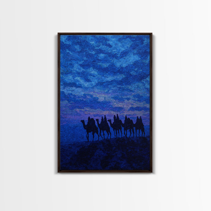 Textured Blue Camel Caravan Wall Art, African Painting Print, Dramatic Desert Sky Decor, Modern Canvas For Office Living Room