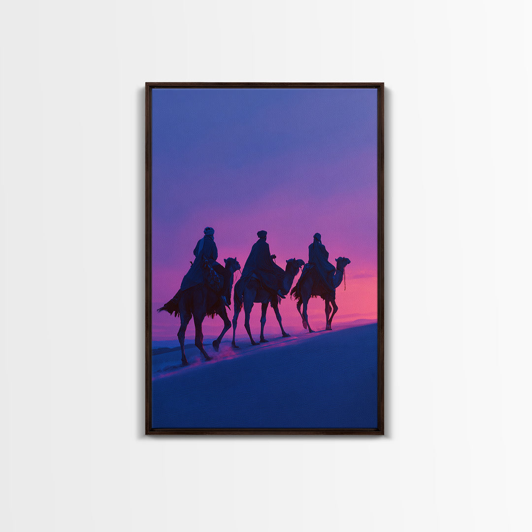 Purple Sunset Camel Riders Canvas Print, African Safari Wall Art, Boho Desert Landscape Decor, Dreamy Bedroom Gift For Her
