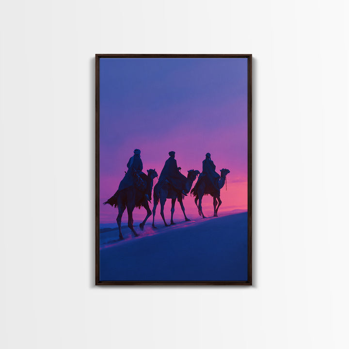 Purple Sunset Camel Riders Canvas Print, African Safari Wall Art, Boho Desert Landscape Decor, Dreamy Bedroom Gift For Her