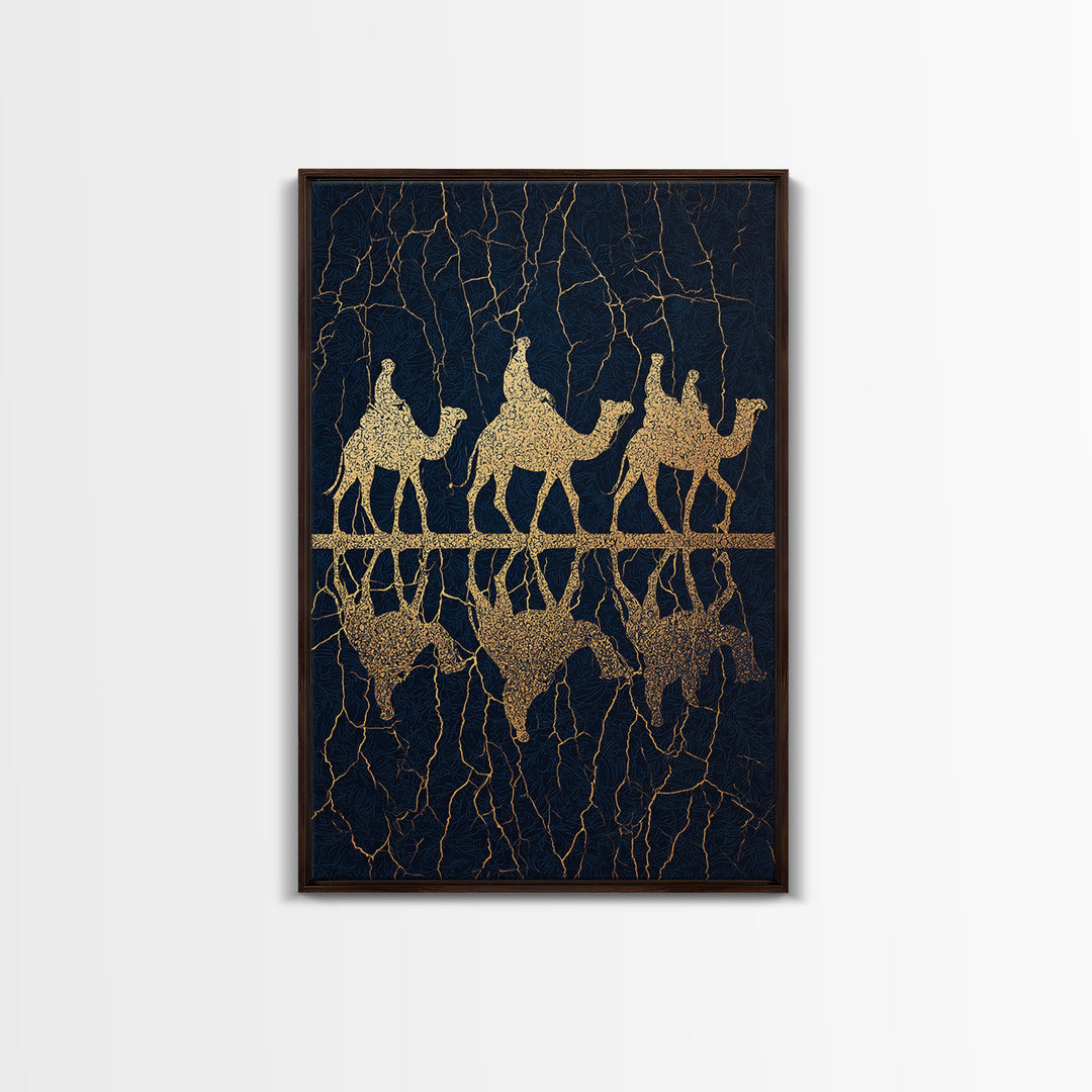 Gold Camel Trio Reflection Framed Canvas Print, African Safari Art, Black Gold Wall Decor, Luxury Desert Statement Piece