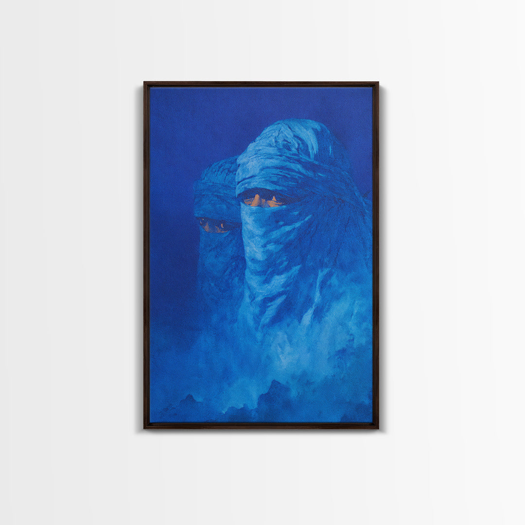 Blue Veiled Tuareg Portrait Wall Art, African Culture Art Print, Sahara Nomad Decor, Mystical Blue Canvas For Bedroom Gift