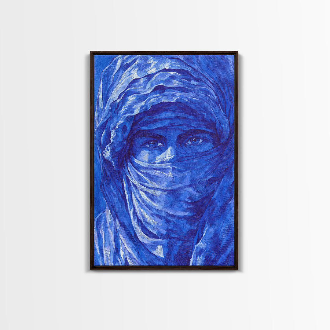 Blue Veiled Woman Portrait Canvas Print, African Woman Art, Sahara Travel Wall Decor, Elegant Cultural Home Decor Gift For Her
