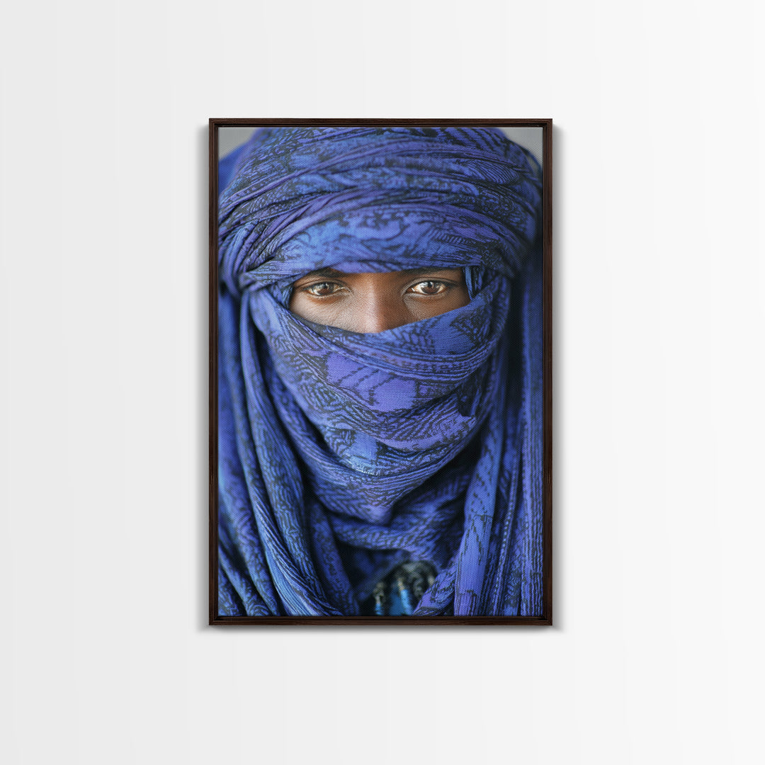 Indigo Tuareg Veiled Eyes Portrait Wall Art, African Wall Art, Blue Desert Nomad Decor, Afrocentric Canvas Print Gift For Home