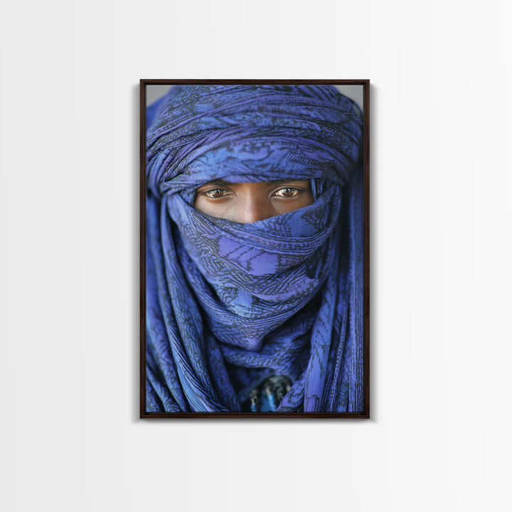 Indigo Tuareg Veiled Eyes Portrait Wall Art, African Wall Art, Blue Desert Nomad Decor, Afrocentric Canvas Print Gift For Home
