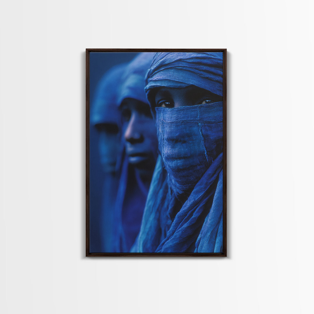 Blue Desert Nomad Figures Canvas Print, African Portrait Wall Art, Tuareg Inspired Indigo Decor, Mystical Afrocentric Gift
