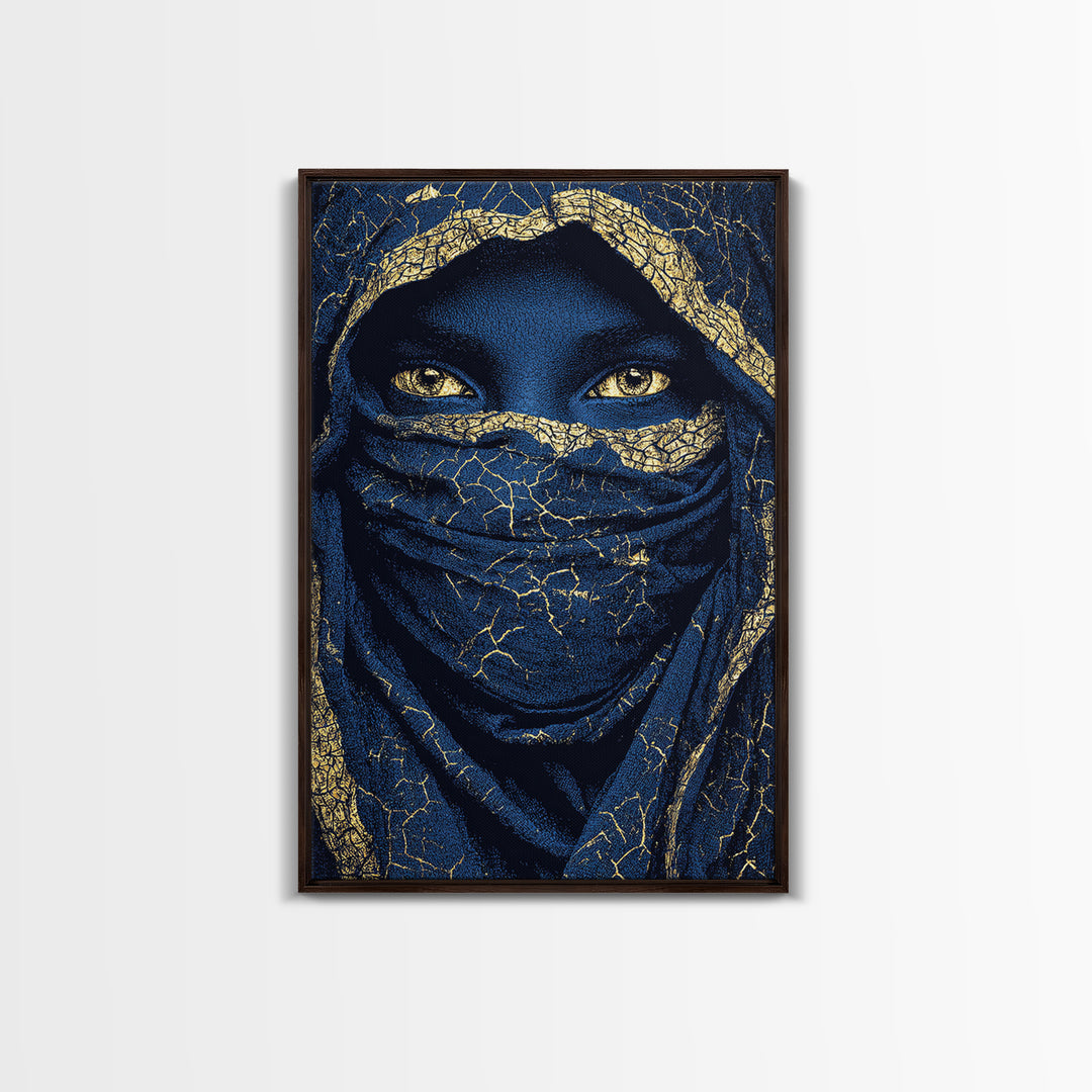 Gold Cracked Indigo Veiled Woman Framed Canvas Print, African Woman Art, Black Goddess Art, Luxury Afrocentric Wall Decor