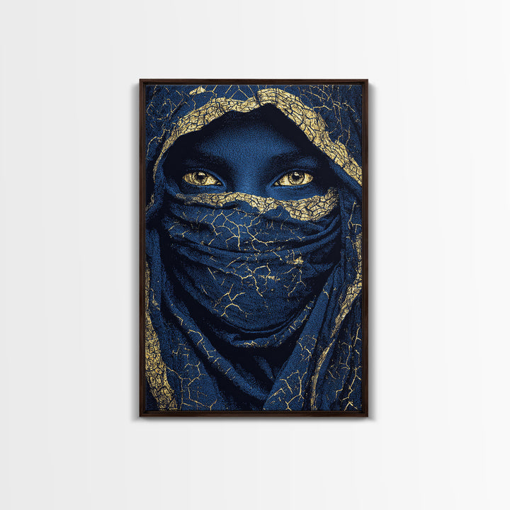 Gold Cracked Indigo Veiled Woman Framed Canvas Print, African Woman Art, Black Goddess Art, Luxury Afrocentric Wall Decor