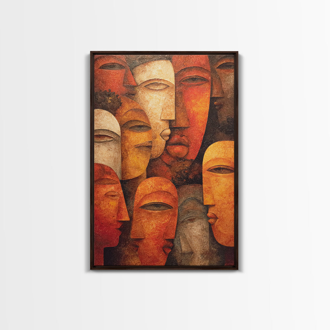 Layered African Mask Faces Wall Art, African Tribal Art, African Mask Art, Terracotta Abstract Canvas Print Cultural Decor