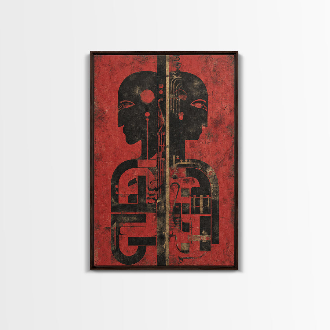 Red And Black Tribal Twin Profiles Wall Art, Abstract African Mask Portrait, Afrocentric Decor, Modern African Art Print