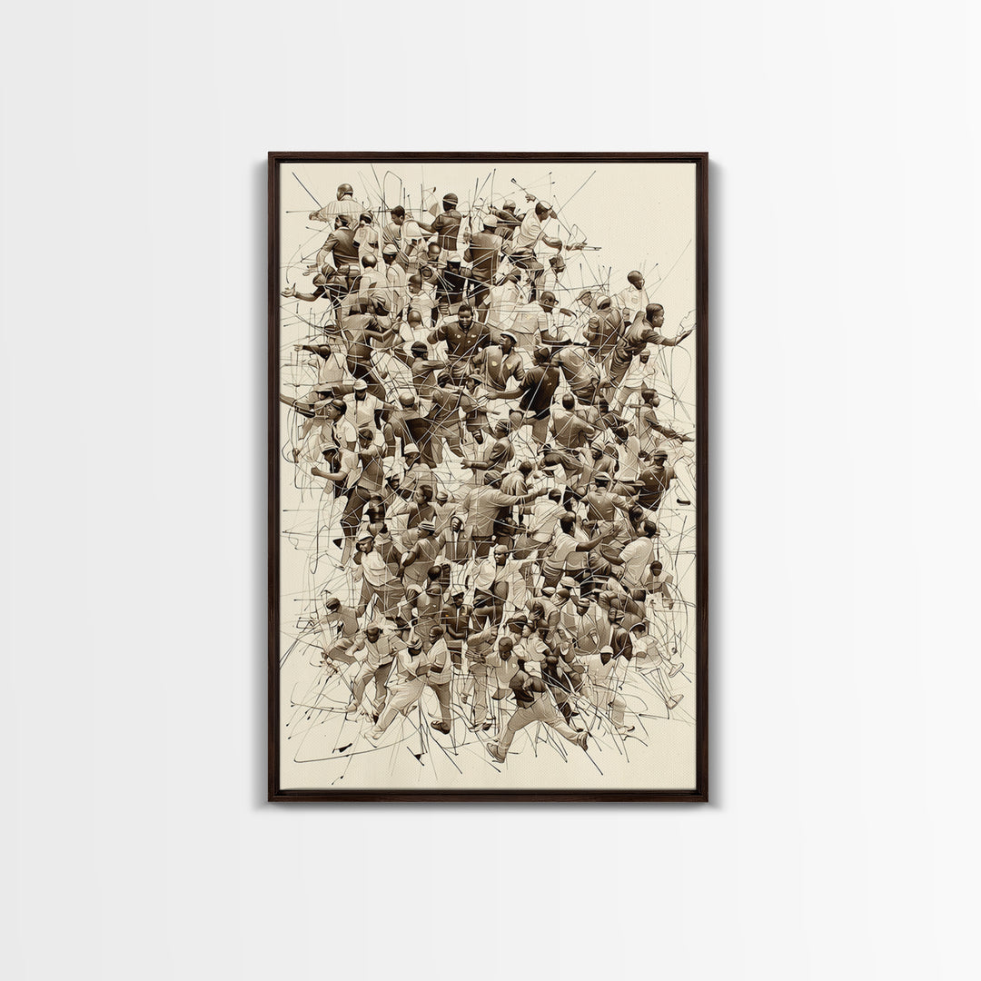 Sepia Community Crowd Collage Framed Canvas Print, African American Art, Black Culture Wall Decor, Contemporary Office Art