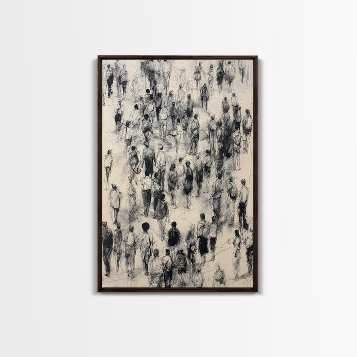 Monochrome Walking Crowd Wall Art, Black And White Figurative Sketch, Minimalist People Decor, Modern Office Art Print Gift